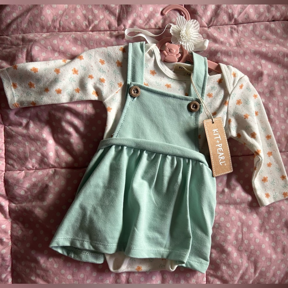 NWT Mint Green Baby Dress with Floral Onesie and headband